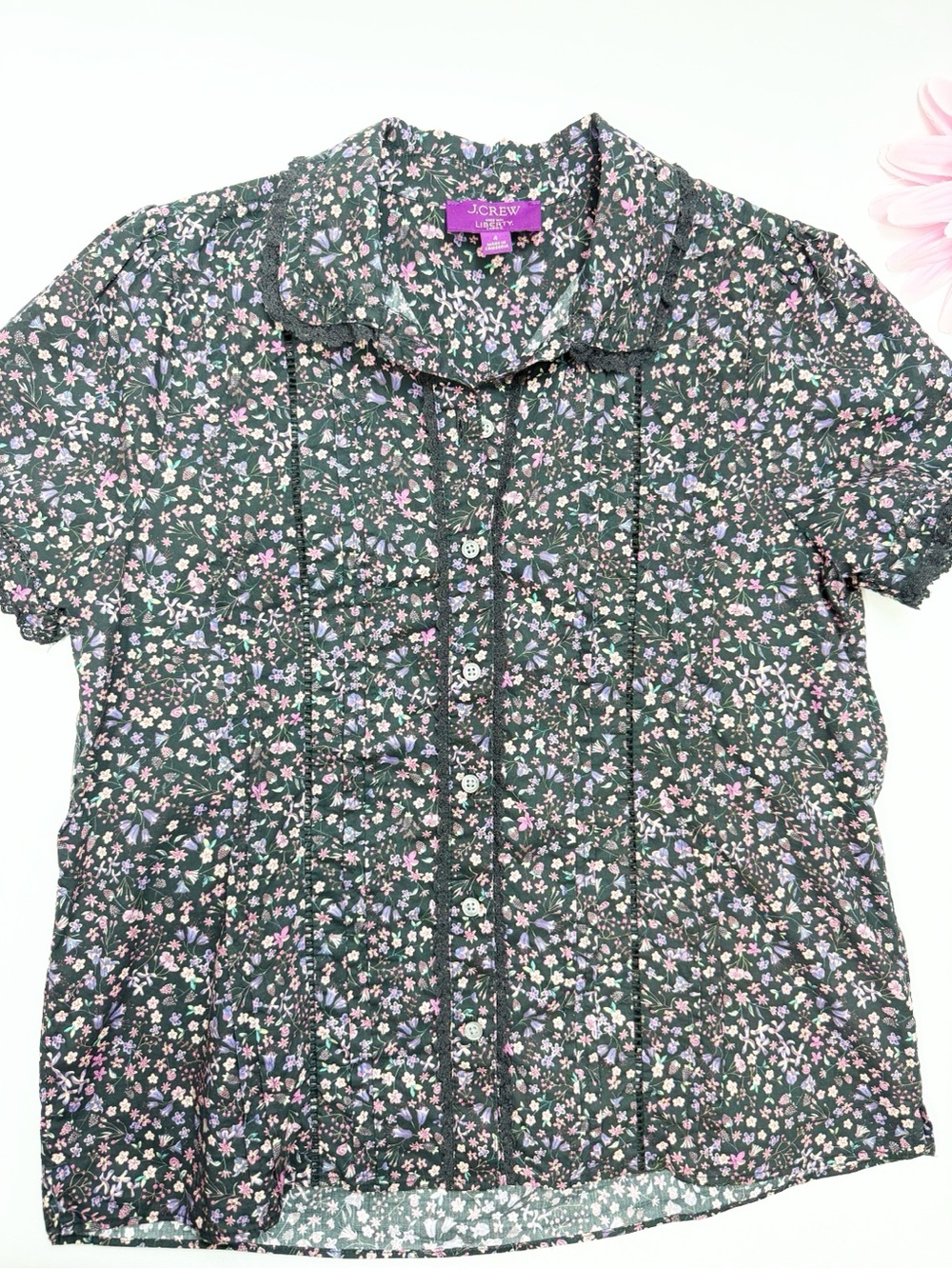 J. Crew X Liberty Lace-Trim Button-Up Shirt Liberty Fabric Strawberry Floral Top - Picture 5 of 12